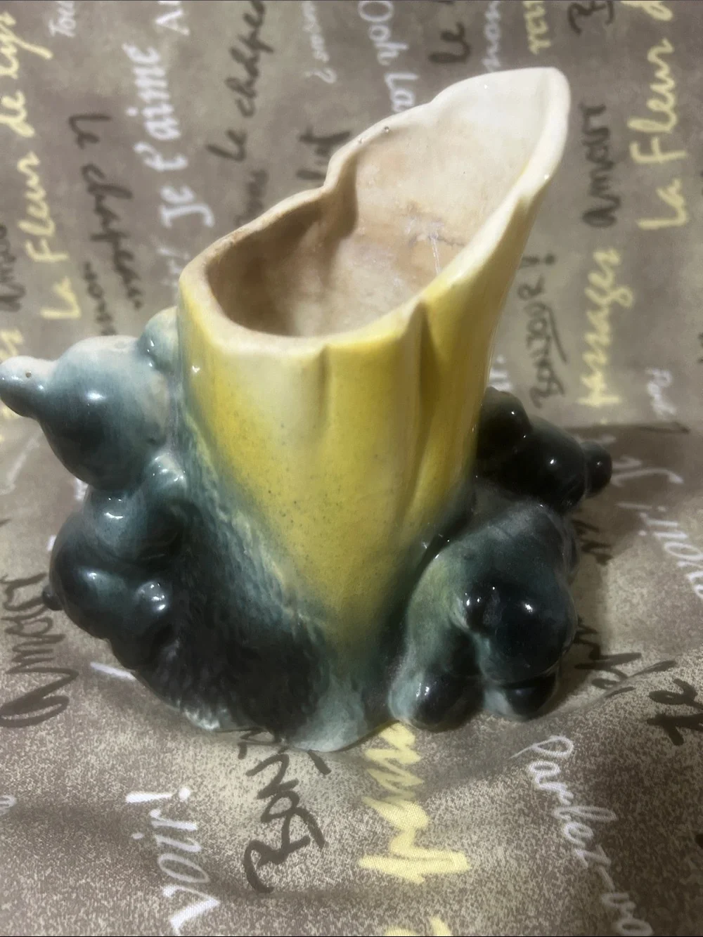 Vintage Ceramic Bear Planter with Yellow Tree Stump Accent